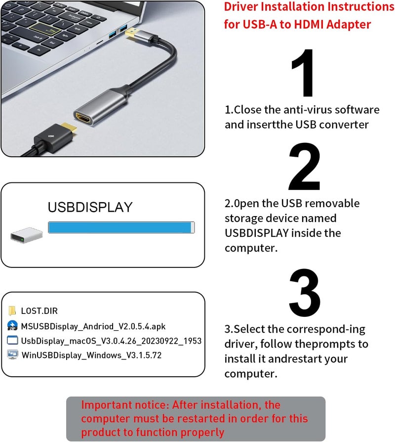 REBORN USB to HDMI Adapter, 1080P@60Hz USB 3.0 Male to HDMI Female Multi-Display Cable Converter Suitable for Macos Windows 7/8/10/11 - Driver Installation is Required - Image 3